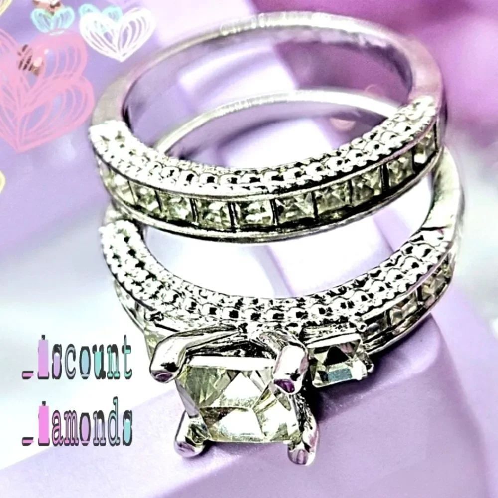 2 Ring Set - Clear White Sapphire Wedding & Engagement Rings on 925 Silver